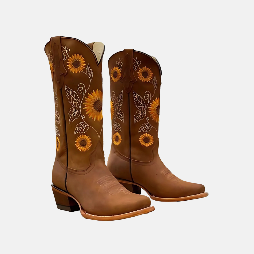 Women's leather mid-calf western boots with stacked Cuban heel and sunflower embroidery detail