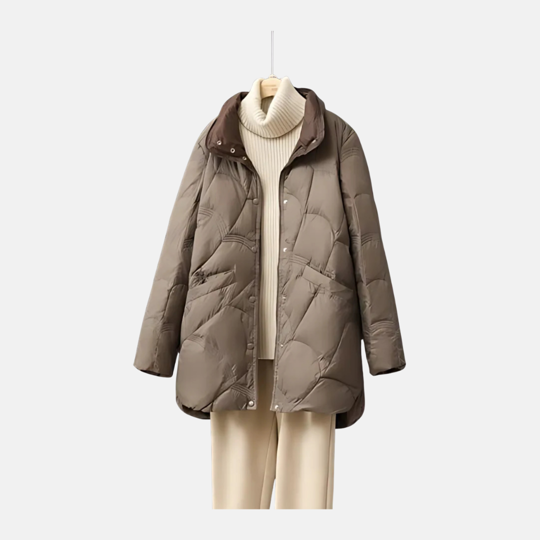 Women's mid-length quilted jacket stand collar chic layering versatile synthetic flattering silhouette