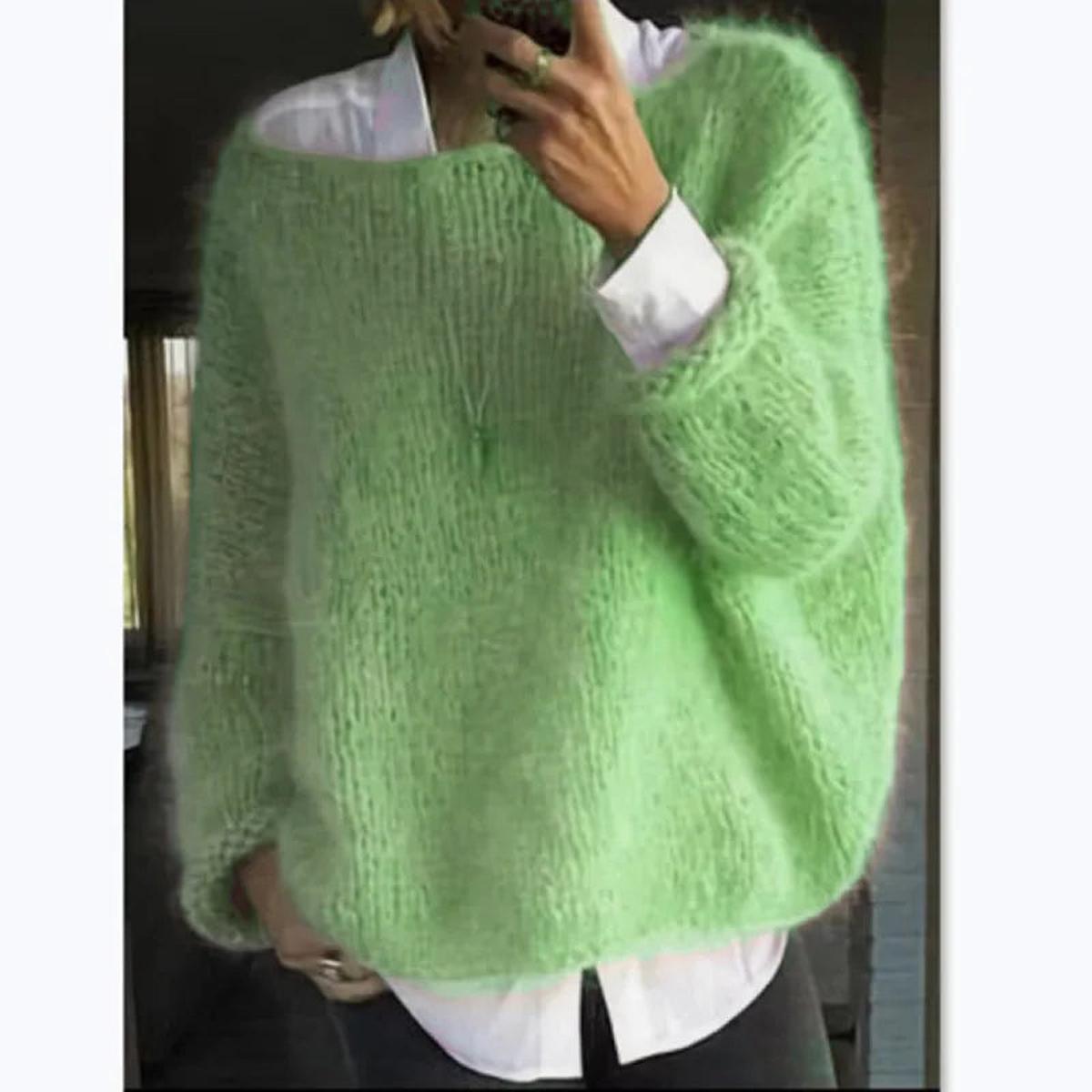 Women's cozy long sleeve fuzzy knit sweater relaxed silhouette soft plush texture winter layering