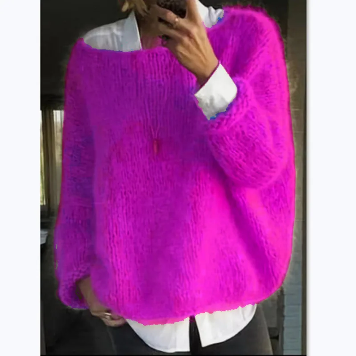Women's cozy long sleeve fuzzy knit sweater relaxed silhouette soft plush texture winter layering