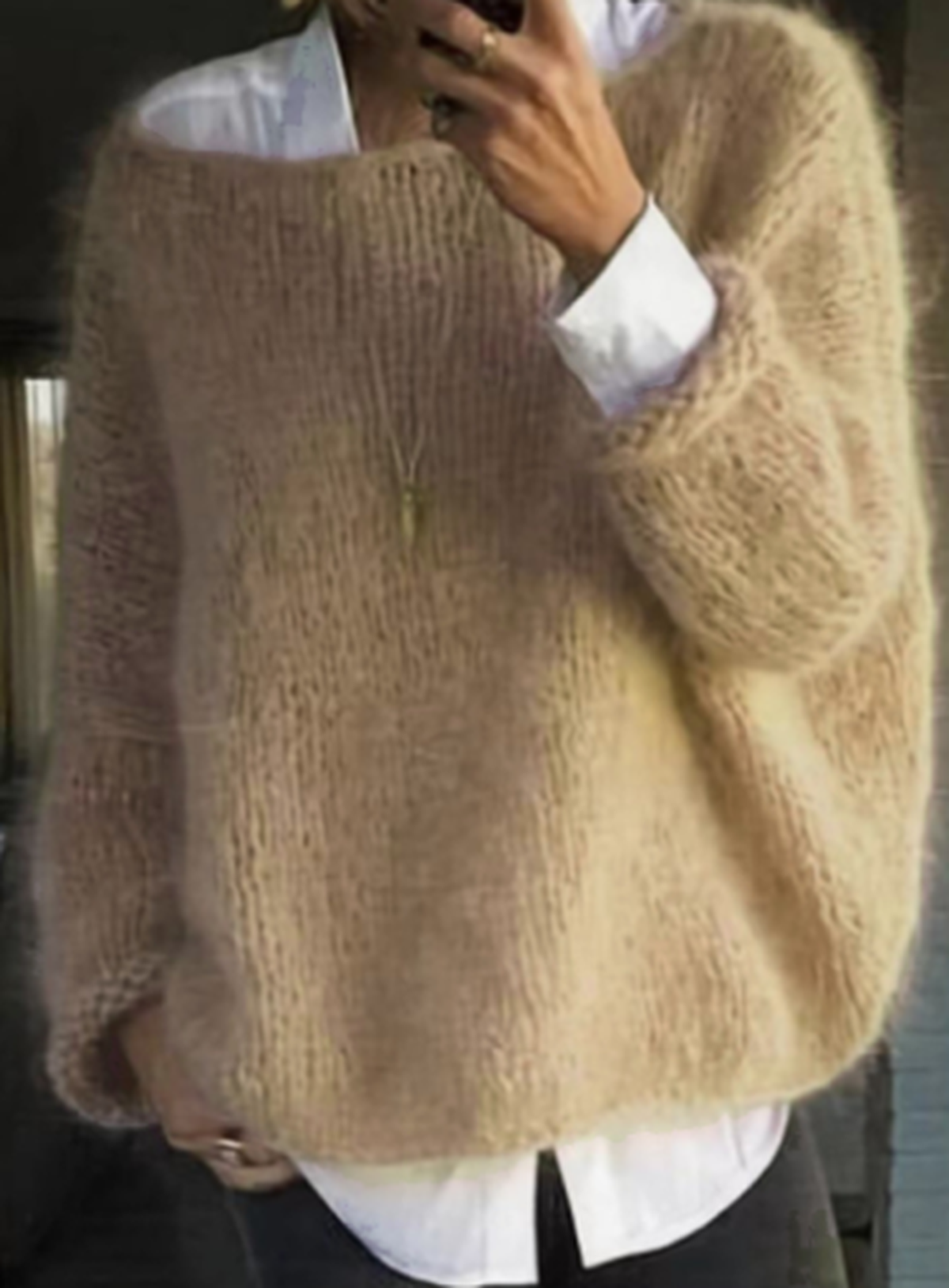 Women's cozy long sleeve fuzzy knit sweater relaxed silhouette soft plush texture winter layering