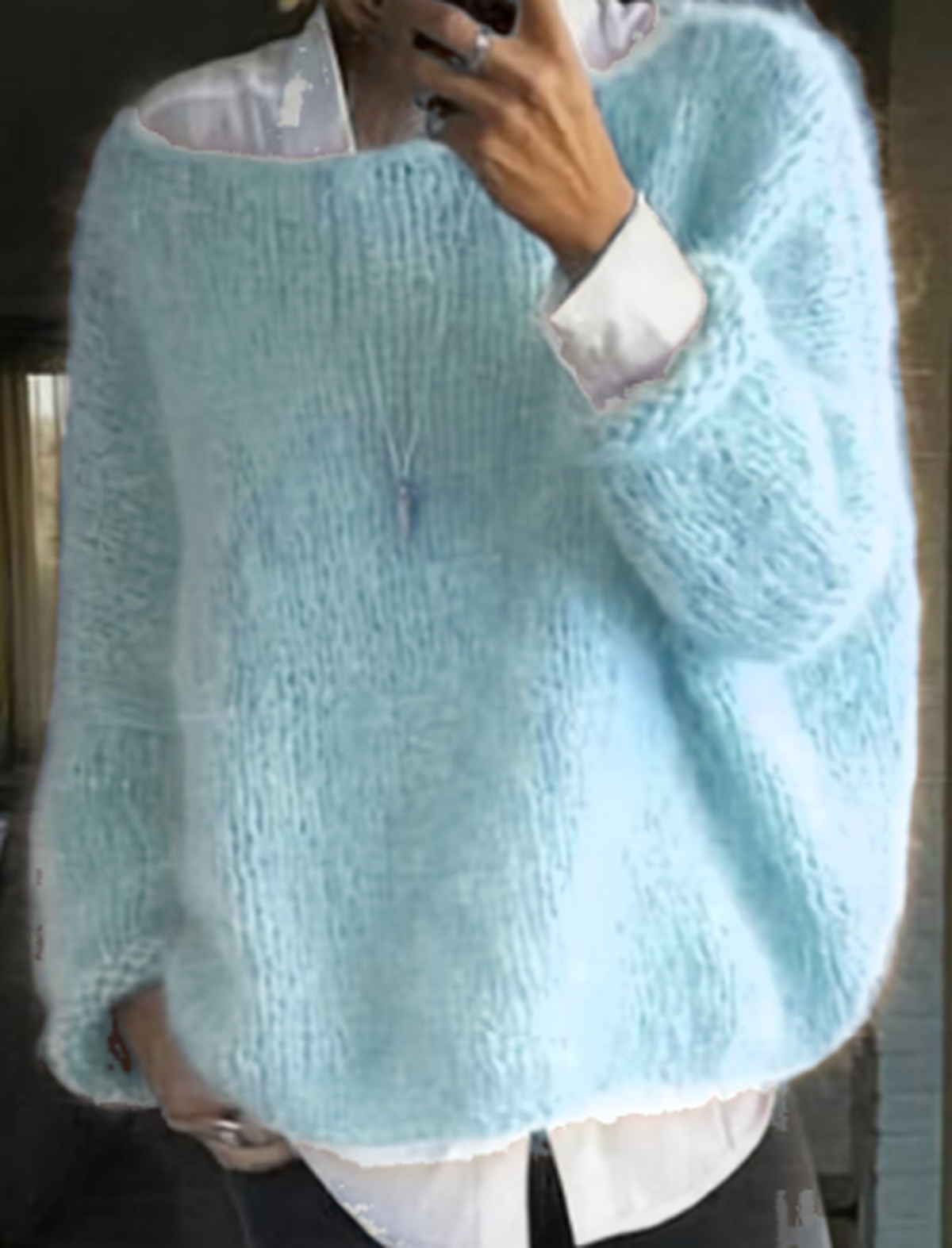 Women's cozy long sleeve fuzzy knit sweater relaxed silhouette soft plush warmth winter layering