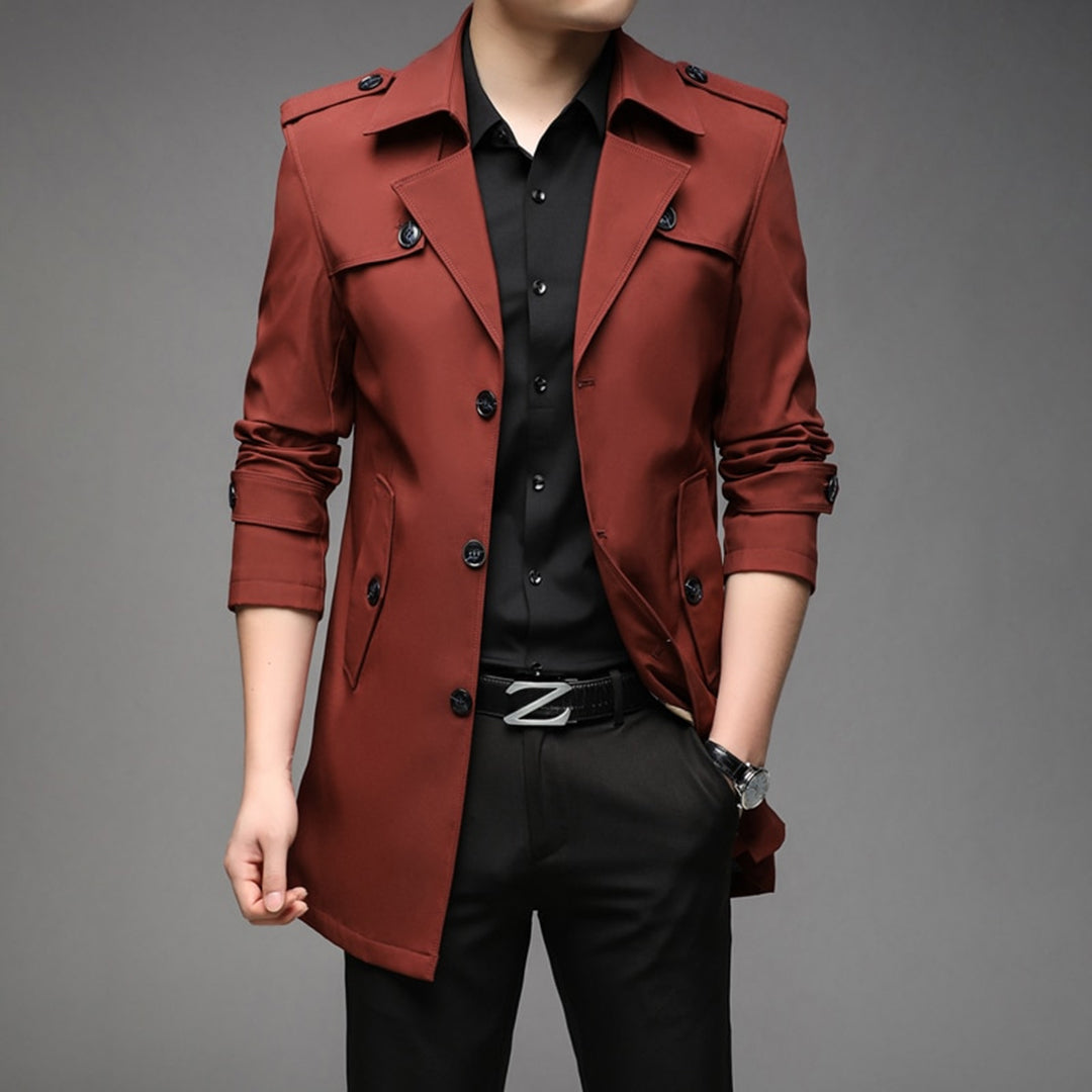 Men's beige single-breasted lightweight trench coat with streamlined silhouette for modern versatile style