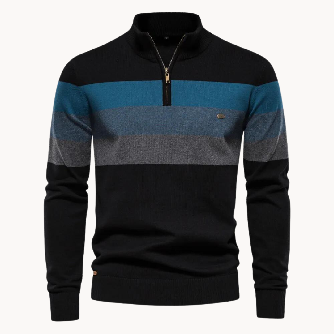 Burk quarter-zip sweater bold tri-color stripes ribbed collar classic fit stretch-knit cotton