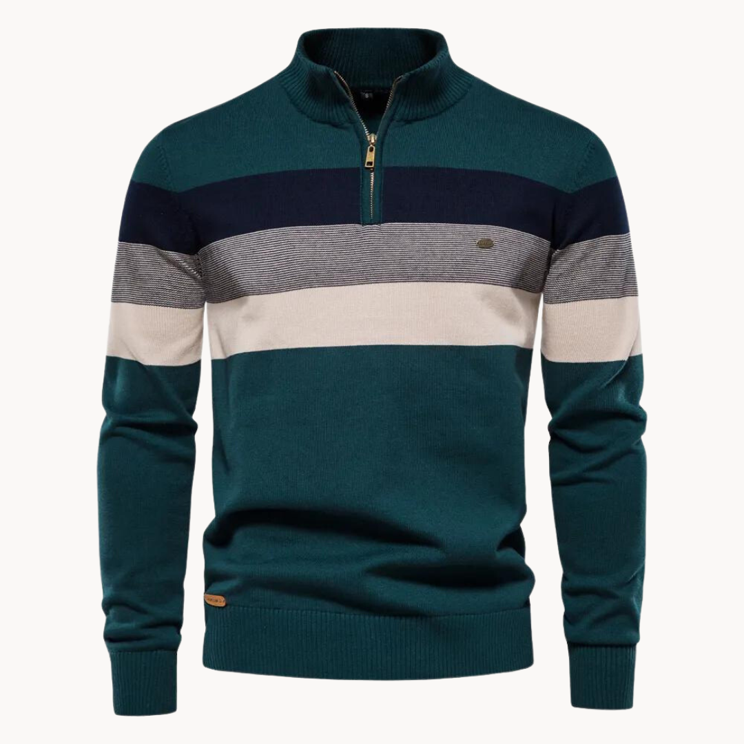 Burk quarter-zip sweater bold tri-color stripes ribbed collar classic fit stretch-knit cotton