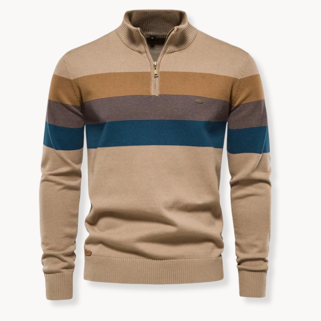Burk quarter-zip sweater bold tri-color stripes ribbed collar classic fit stretch-knit cotton