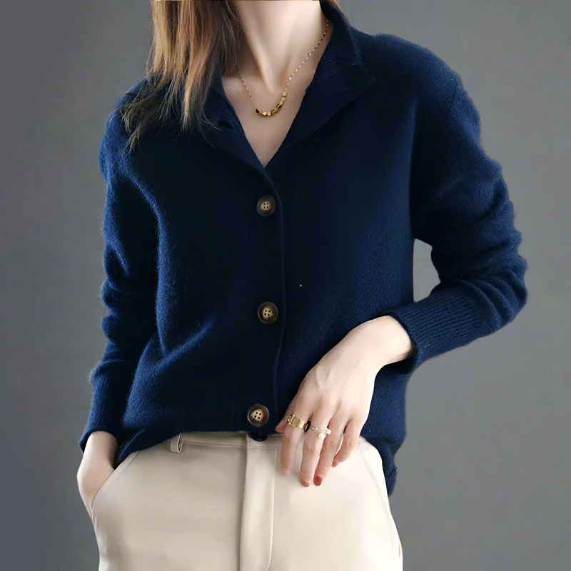 Women's loose fit ribbed knit cardigan with high stand collar and large front buttons