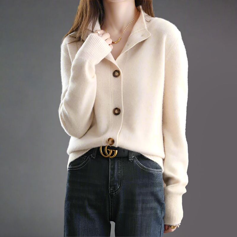 Women's loose fit knit cardigan high ribbed collar large front buttons relaxed silhouette