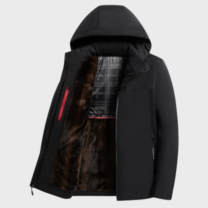 Men's waterproof hooded winter coat casual fit with fur-lined interior and zipper closure