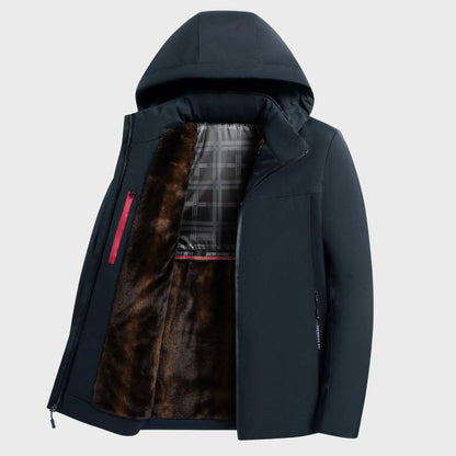Men's waterproof hooded winter coat casual fit with fur-lined interior and zipper closure
