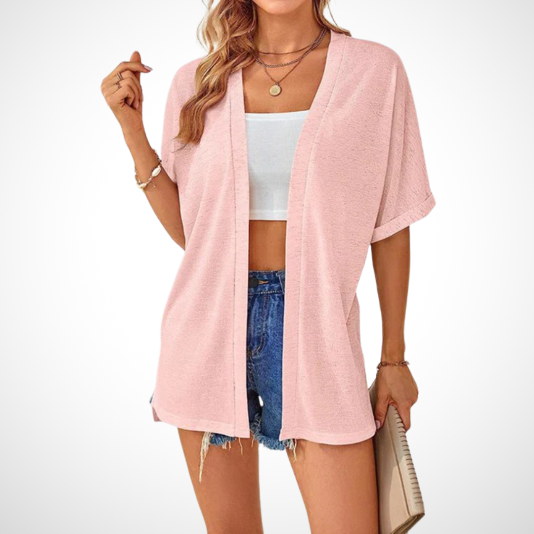 Flowy short sleeve cardigan lightweight elegant silhouette perfect layering piece for warm days