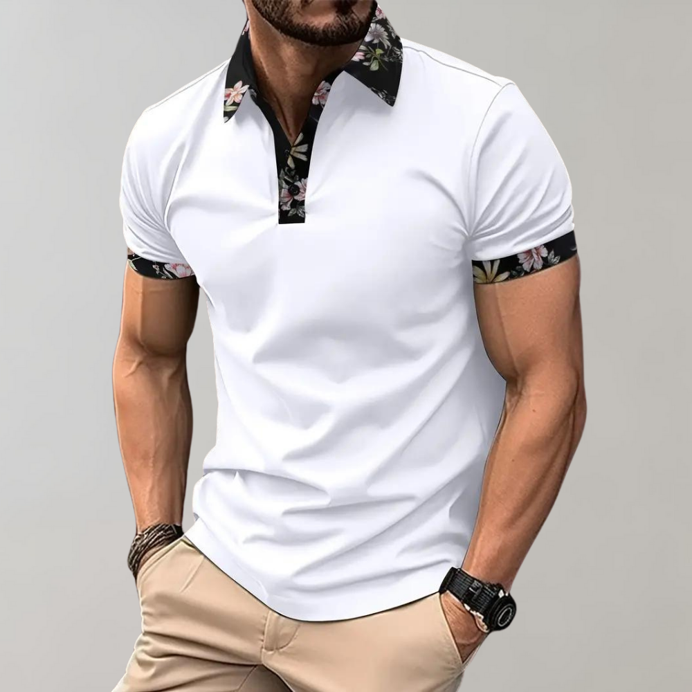 Men's casual fit polo shirt with floral detail button closure, short sleeve summer style
