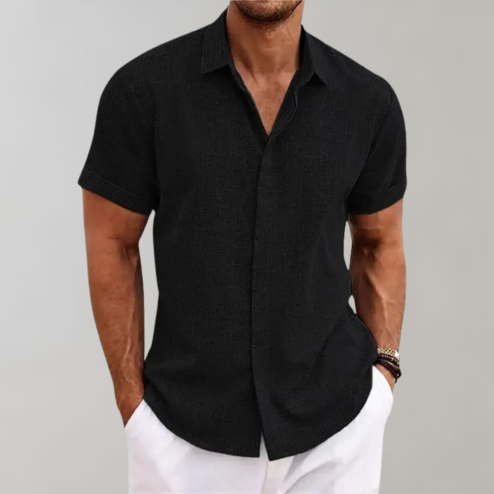 Men's lightweight linen-blend short sleeve button-front shirt classic collar breathable summer fit