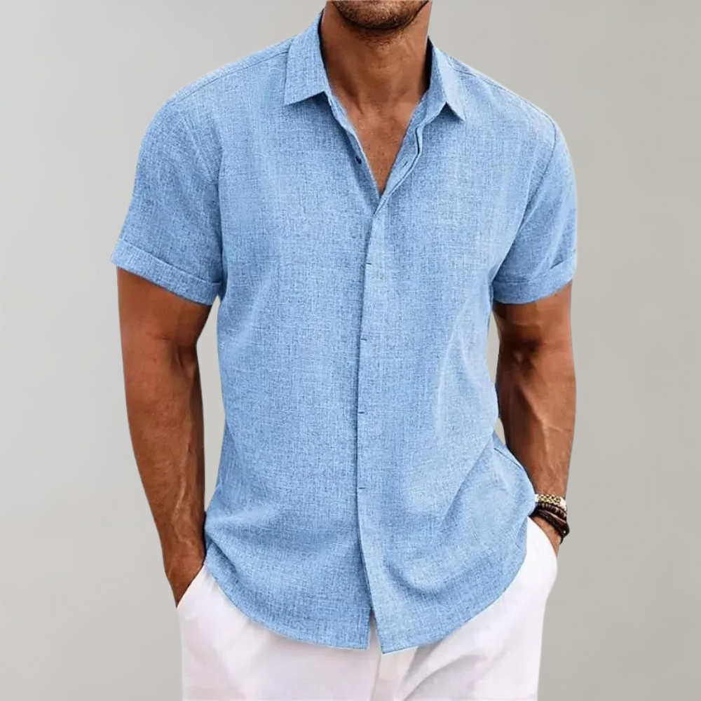 Men's lightweight linen-blend short sleeve button-front shirt with classic collar for summer
