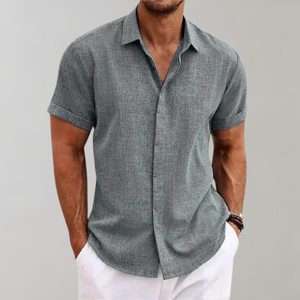 Men's lightweight linen-blend short sleeve button-front shirt classic collar breathable summer style