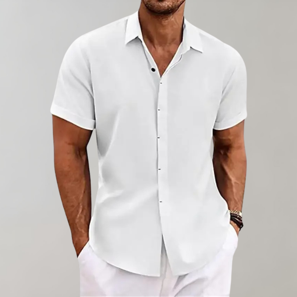 Men's lightweight linen-blend short sleeve button-front shirt classic collar breathable summer fit