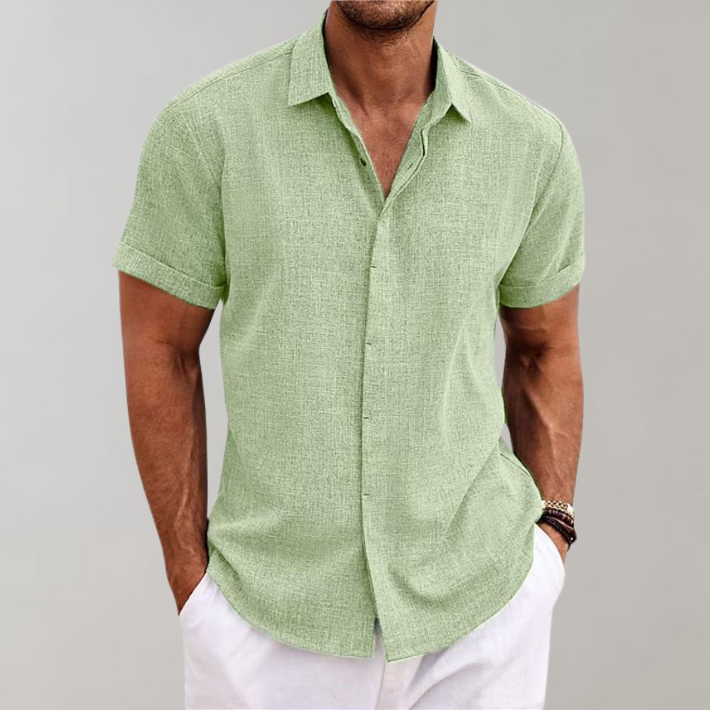 Men's lightweight short sleeve linen-look shirt with classic collar and button front, breathable summer fit