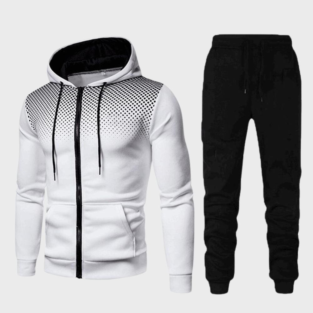 Men's slim fit navy tracksuit zip hoodie and joggers set with adjustable waist for training