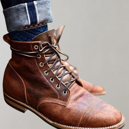Men's brown high ankle lace-up leather boots Nordic Flair style with durable PU upper for outdoor use