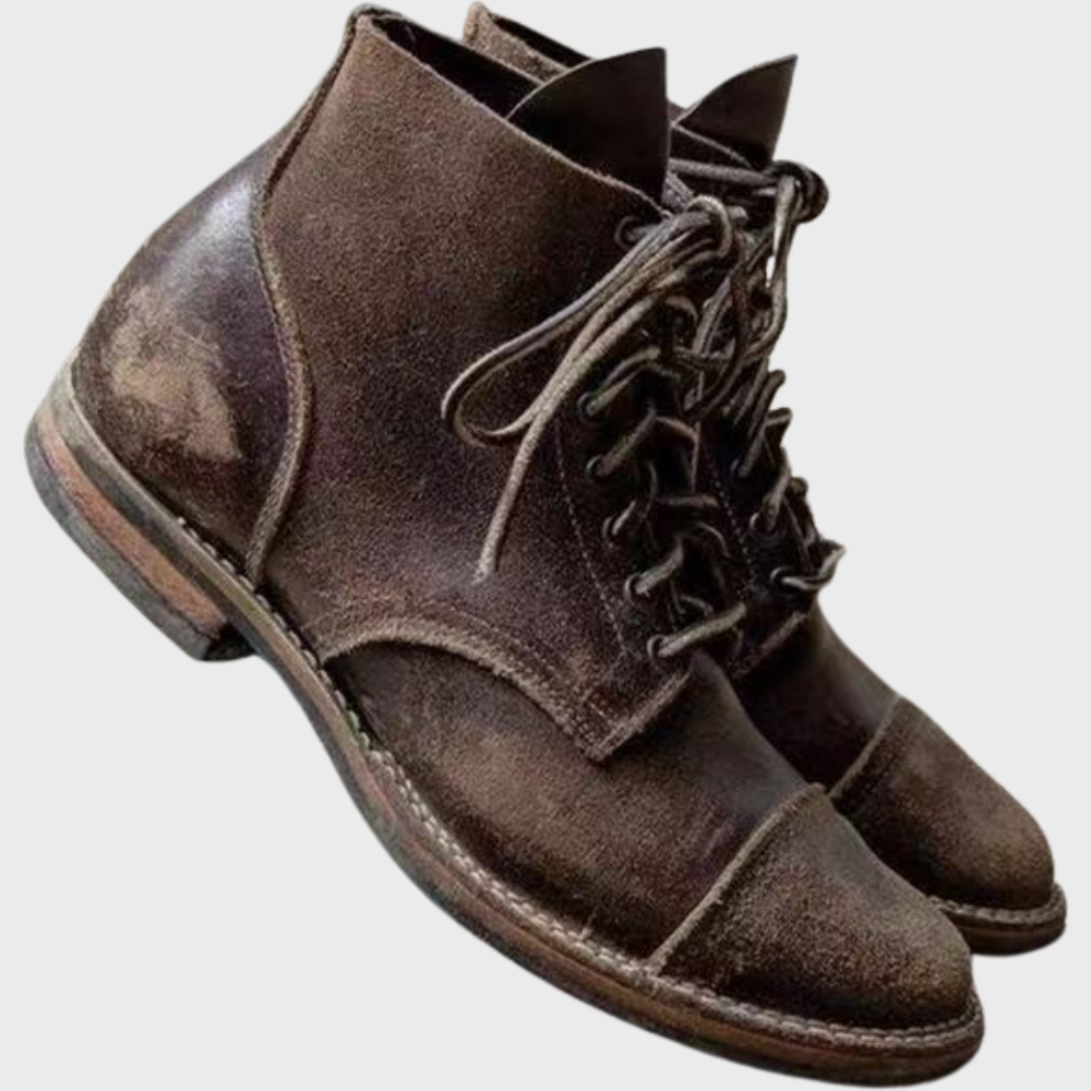 Men's brown high ankle lace-up leather boots with Nordic-inspired design for outdoor adventures