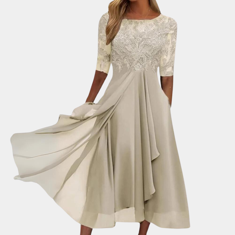Women's elegant A-line midi dress with delicate lace embroidery detailing, perfect for evening wear