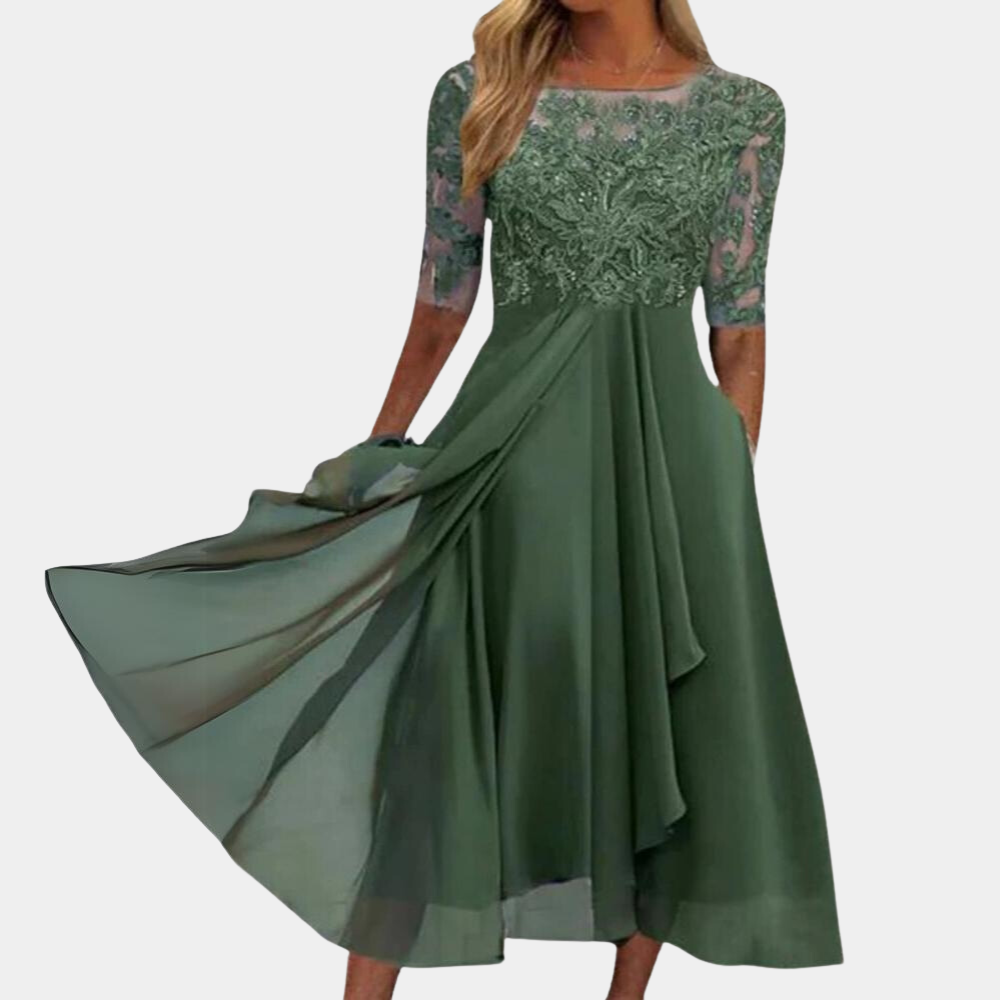 Women's elegant A-line midi dress with intricate lace embroidery detailing, perfect for evening and party wear