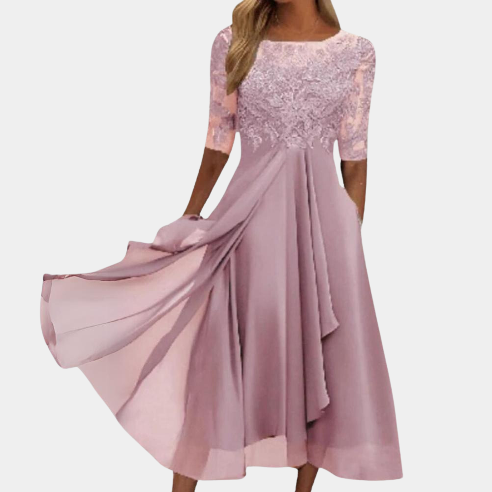 Women's elegant A-line midi dress with delicate lace embroidery detailing, perfect for evening wear