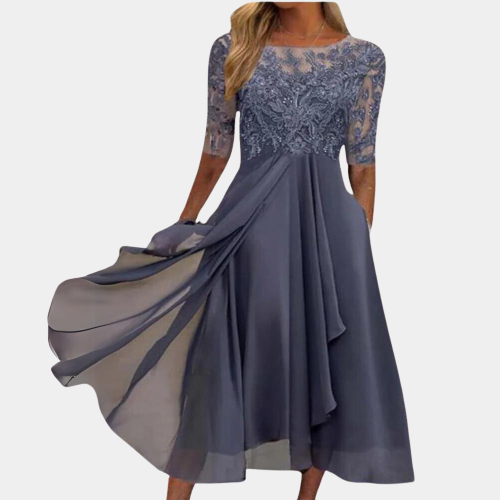 Women's elegant A-line midi dress with delicate lace embroidery detailing, perfect for evening parties