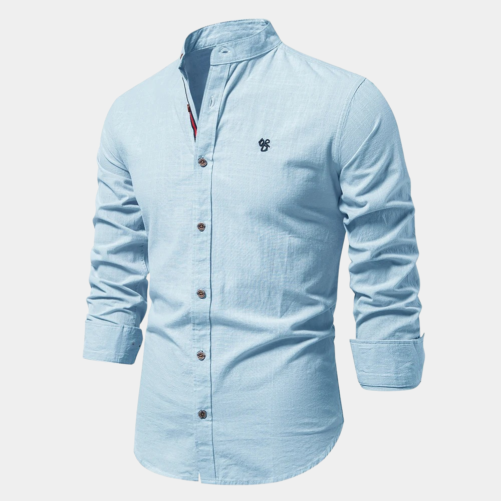 Men's light blue mandarin collar long sleeve cotton blend shirt with button closure