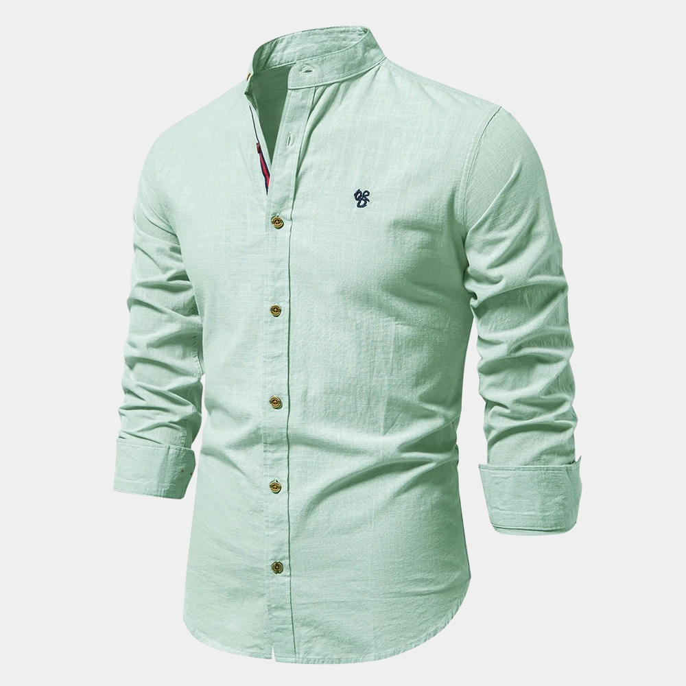 Men's light blue mandarin collar shirt long sleeves button closure breathable cotton blend slim fit