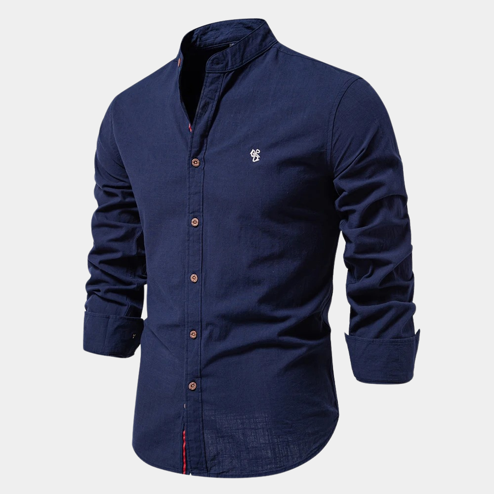 Men's light blue mandarin collar shirt long sleeves button closure lightweight cotton blend summer