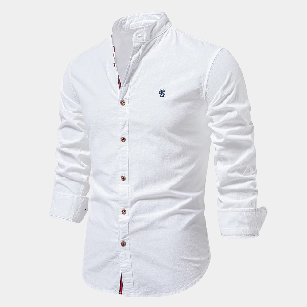 Men's white mandarin collar long sleeve shirt lightweight breathable cotton blend semi-formal style