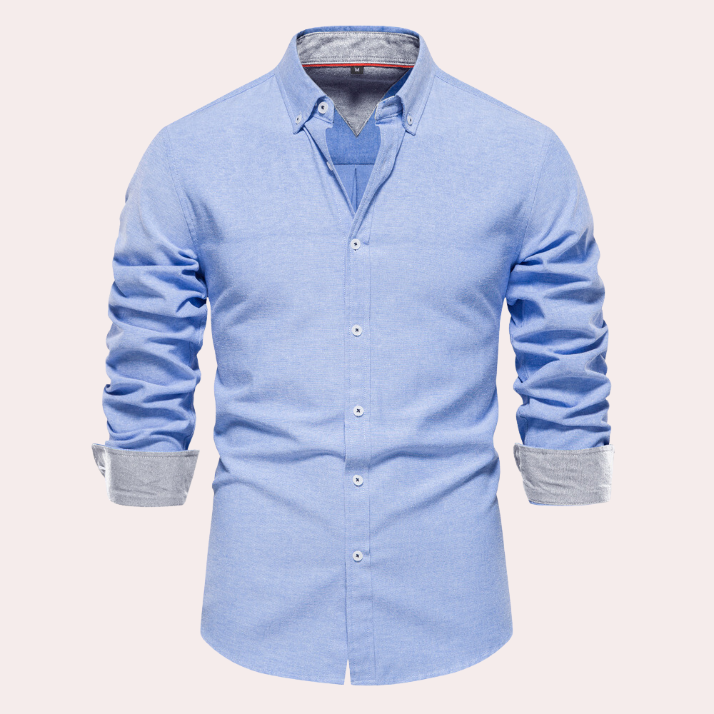 Men's white cotton tailored fit button-down collar shirt with button closure for formal and casual wear