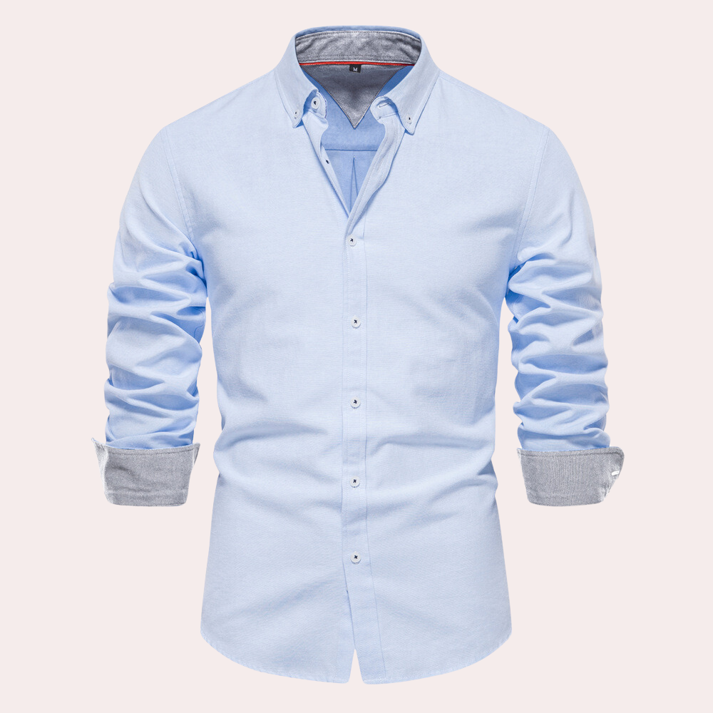 Men's white cotton tailored fit button-down collar shirt with button closure for formal and casual wear