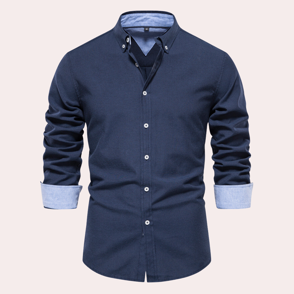 Men's white cotton button-down shirt tailored fit with button collar for formal and casual wear