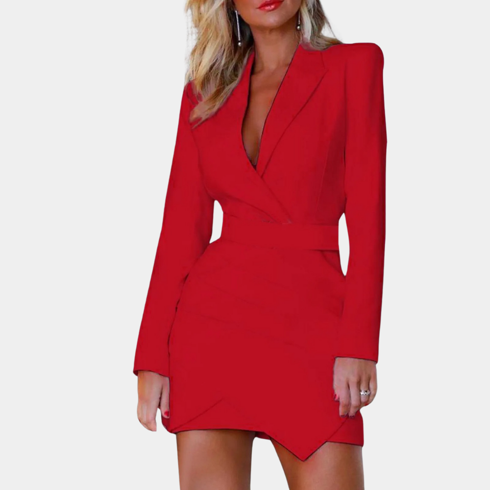 Women's tailored blazer mini dress with deep V-neckline and long sleeves for elegant festive style