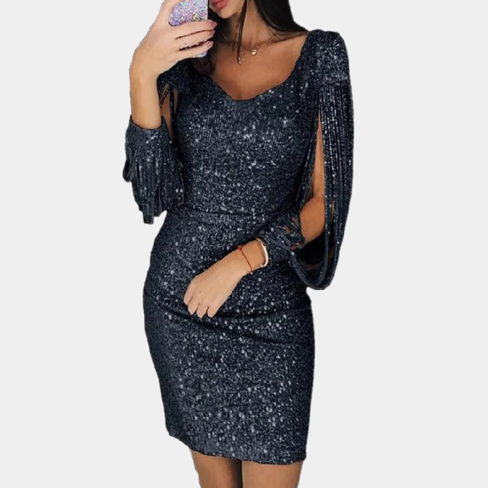 Women's silver sequin party dress with V-neckline and elegant draped sleeves for formal events