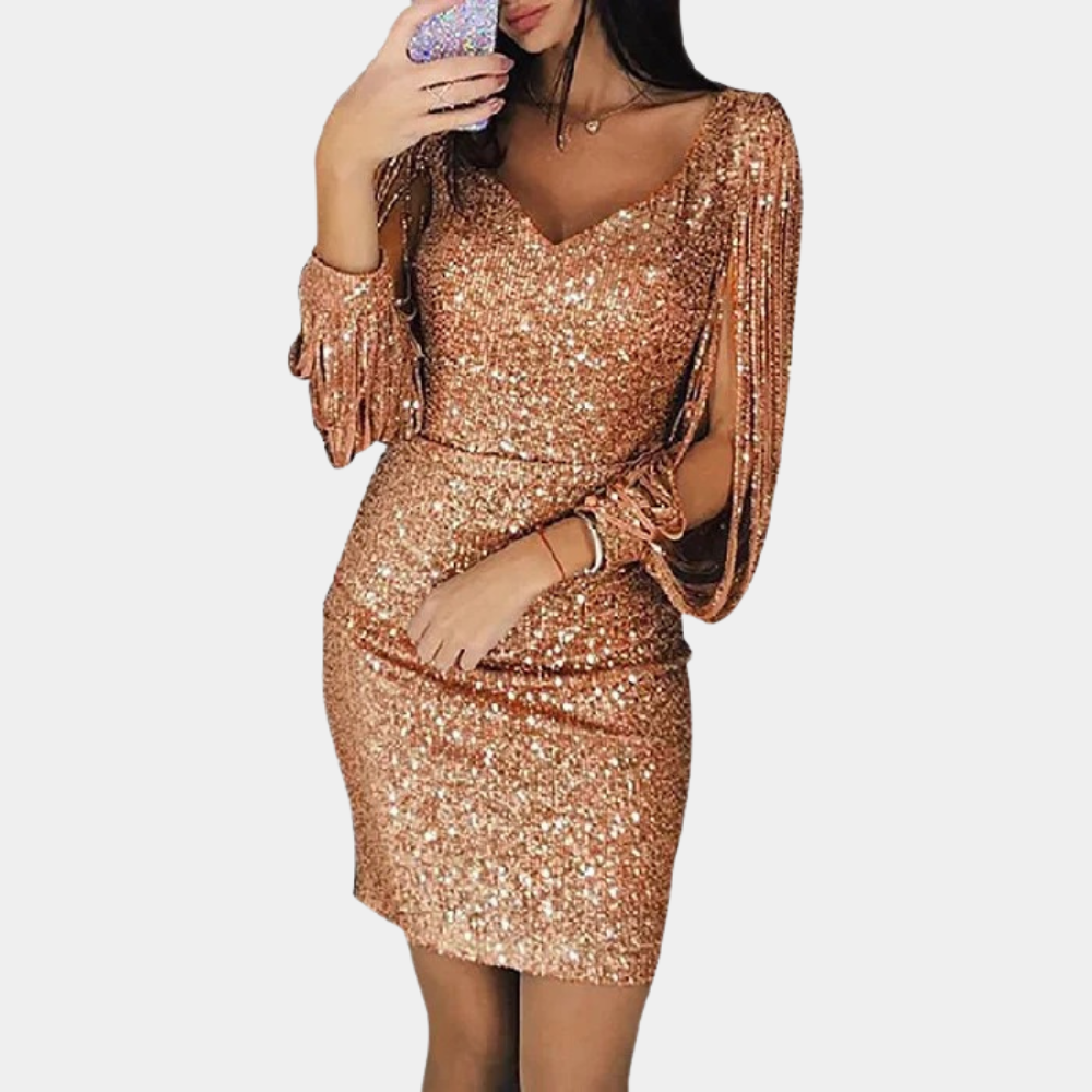 Women's silver sequin party dress with V-neckline, draped sleeves, and flattering formal silhouette