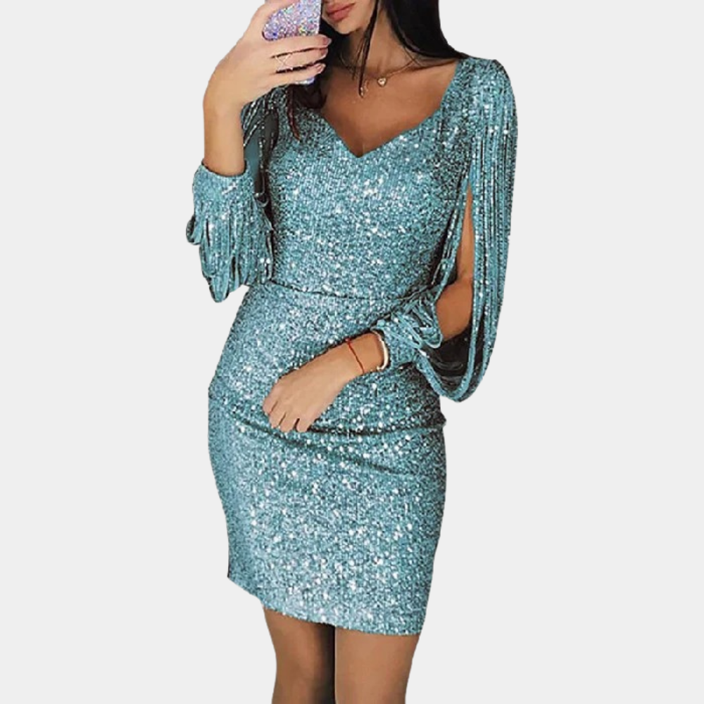 Women's silver sequin party dress with deep V-neckline and elegant draped sleeves for formal events