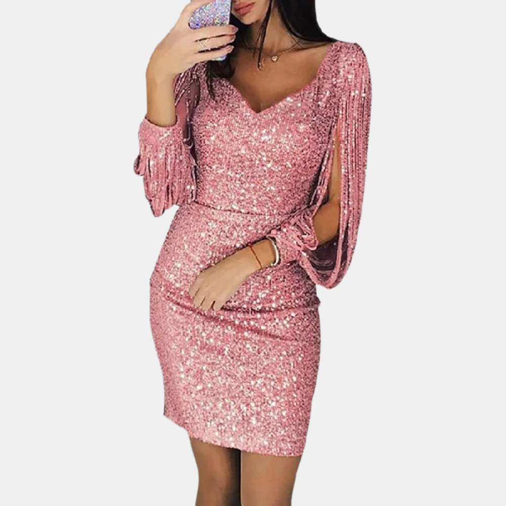 Women's silver sequin party dress with V-neckline and elegant draped sleeves for formal events