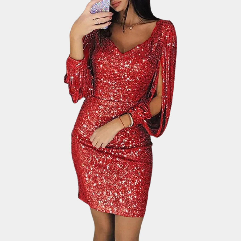 Women's silver sequin party dress with V-neckline and elegant draped sleeves for formal events