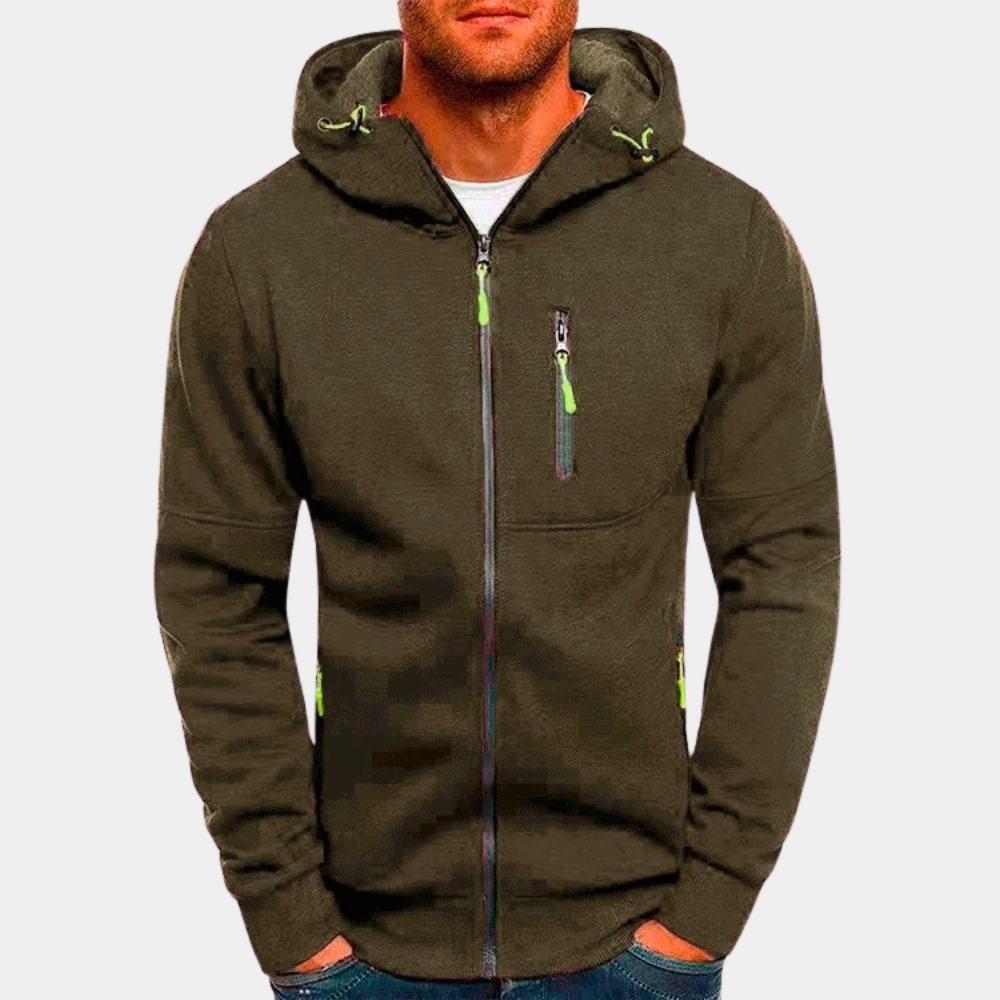 Men's slim fit full zip hoodie in neutral tone with ribbed edges and secure zipper pocket