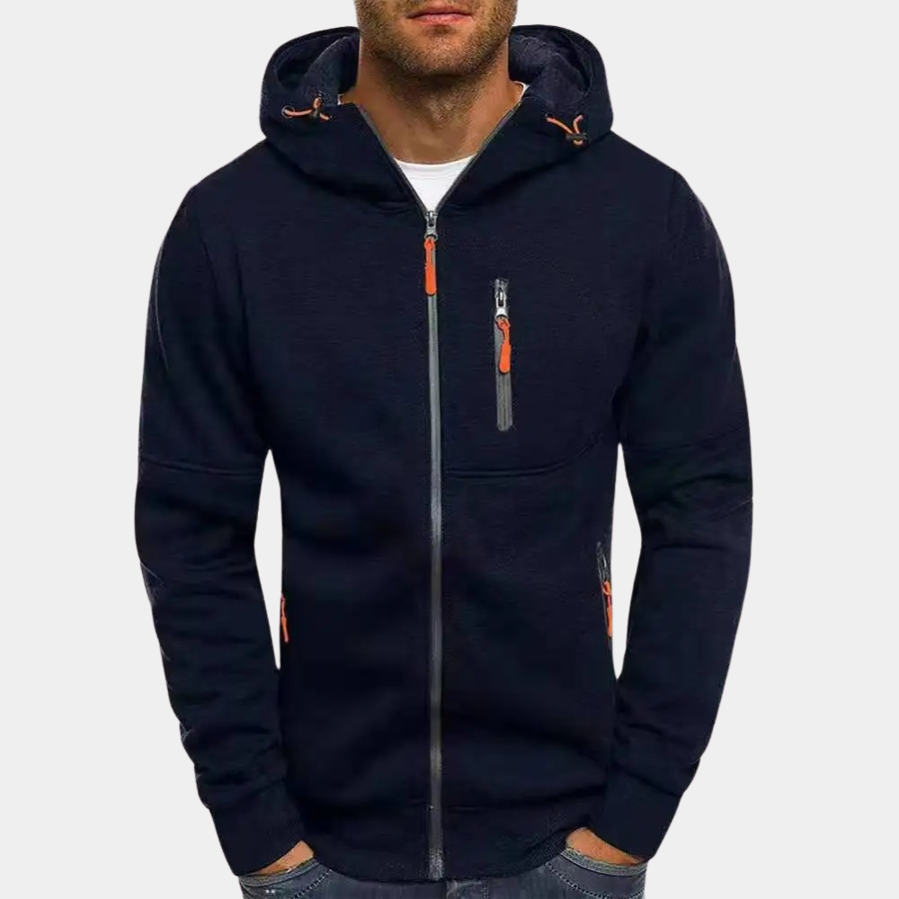 Men's slim fit full zip hoodie in neutral tone with ribbed edges and secure zipper pocket