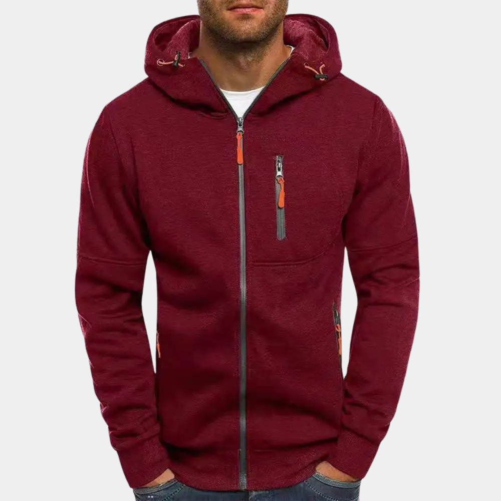 Men's slim fit full-zip hoodie in solid color with ribbed edges and secure zipper pocket