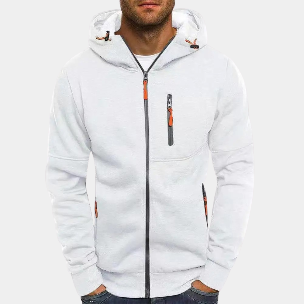 Men's slim fit full-zip hoodie with ribbed edges and secure zipper pocket by Wavlynn