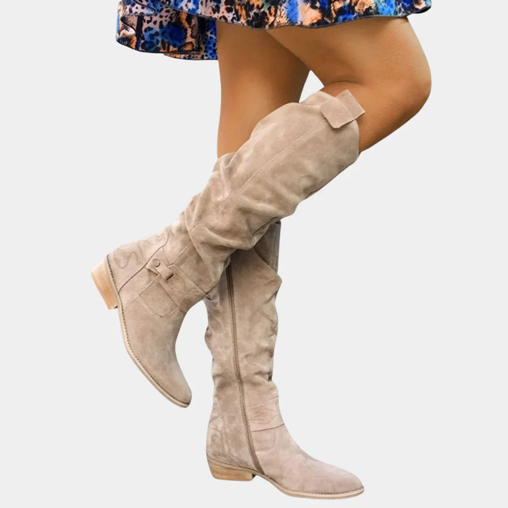 Women's black knee-high winter boots with side zipper closure, sleek silhouette for cold-weather styling