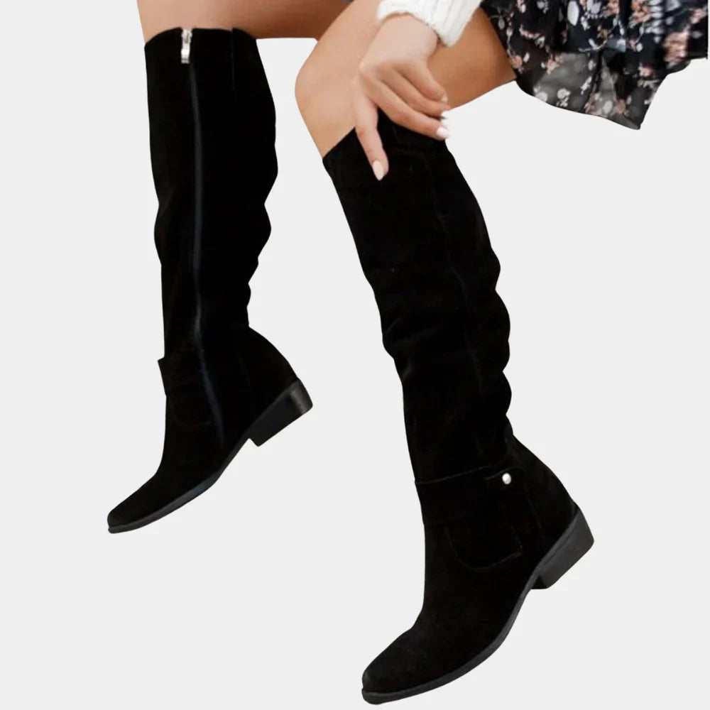 Women's black knee-high winter boots with side zipper closure, sleek silhouette for cold-weather style