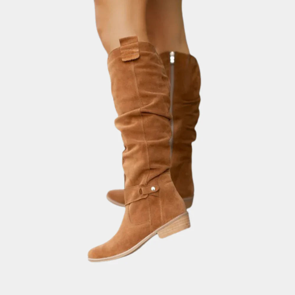 Women's black knee-high winter boots with side zipper closure, sleek silhouette for cold-weather style