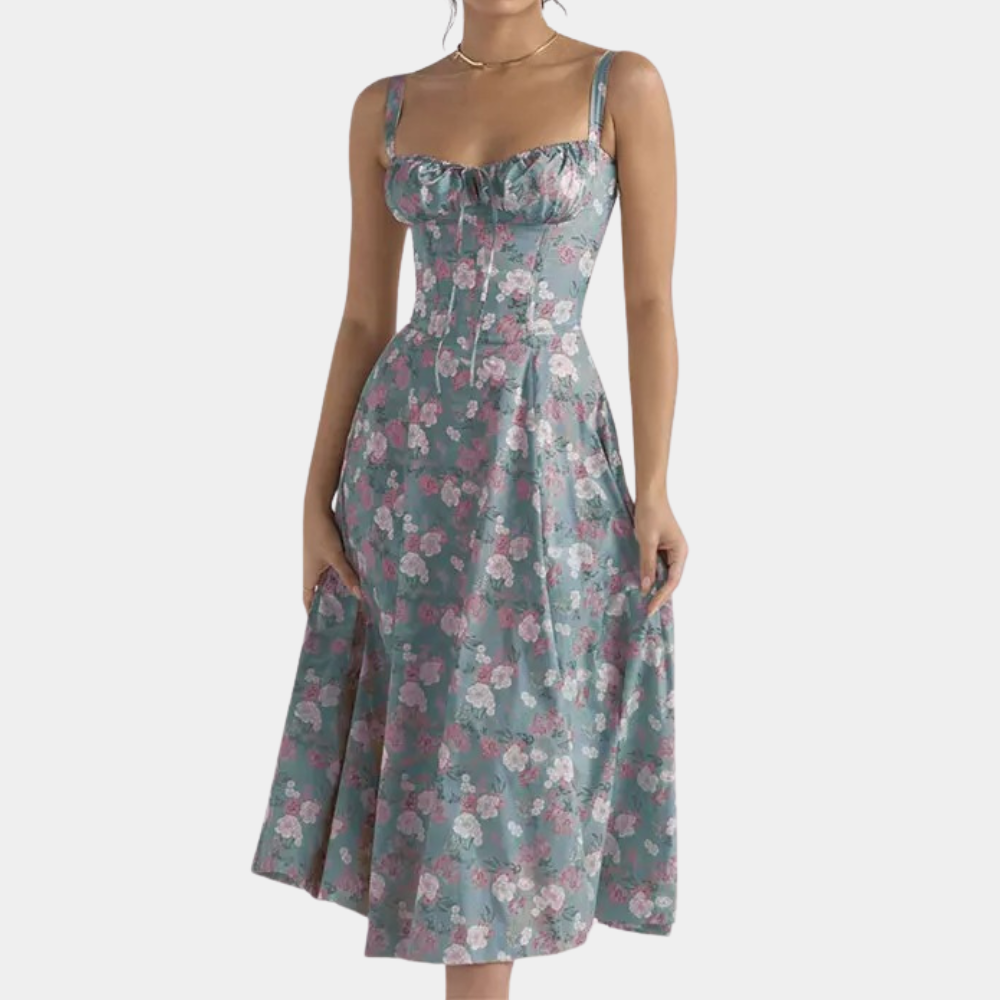 Women's floral midi A-line dress with spaghetti straps and sweet neckline for summer