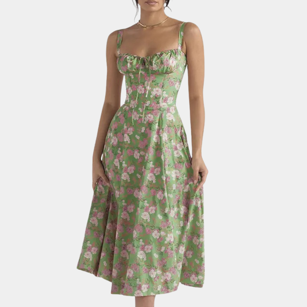 Women's floral midi A-line dress with spaghetti straps and sweet neckline, lightweight summer style